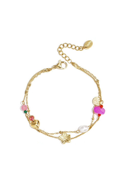 Bedelarmband met hart, bloem en parel, goudkleurig