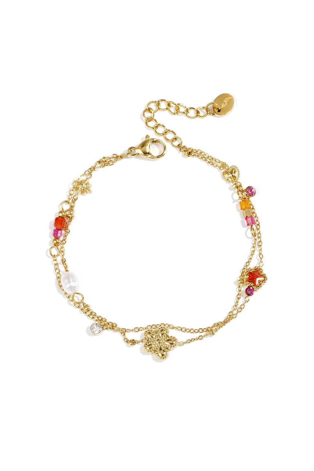 Bedelarmband met ster, bloem en parels, goudkleurig