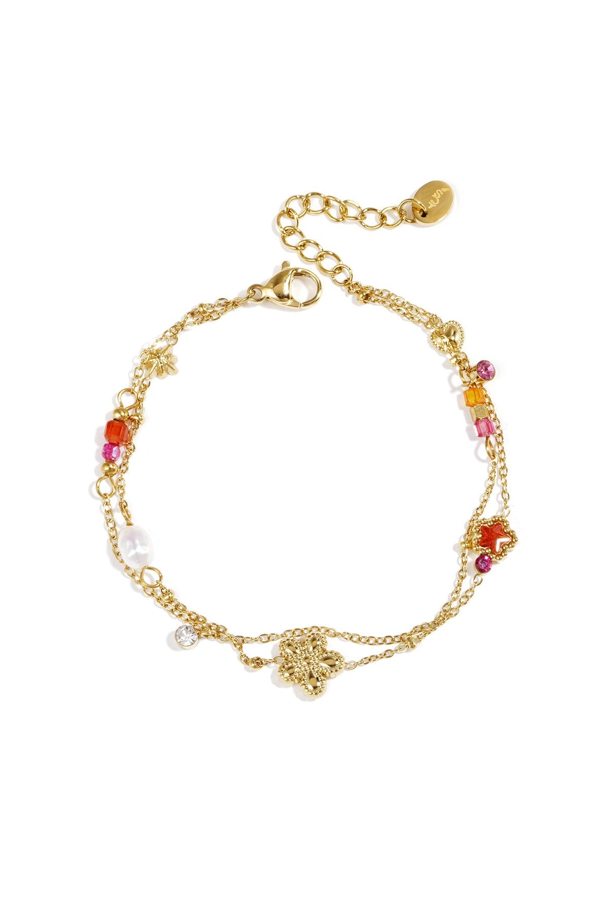 Bedelarmband met ster, bloem en parels, goudkleurig