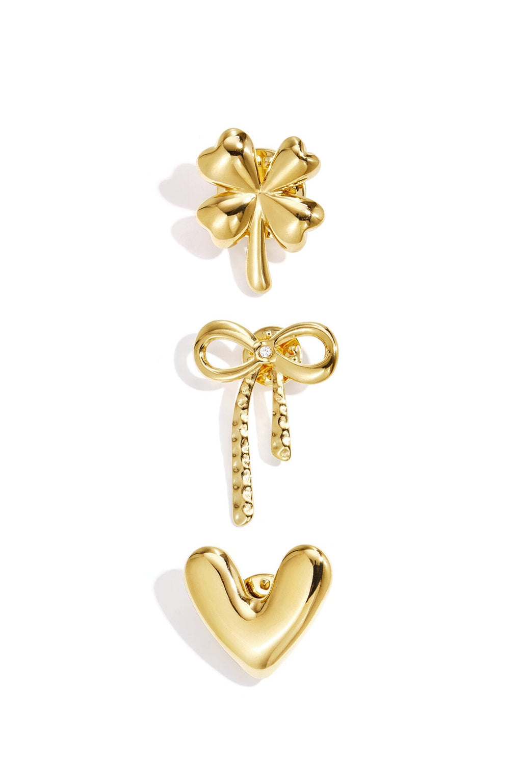 Broche set met hartje, strikje en klavertje, goudkleurig