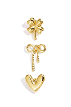 Broche set met hartje, strikje en klavertje, goudkleurig