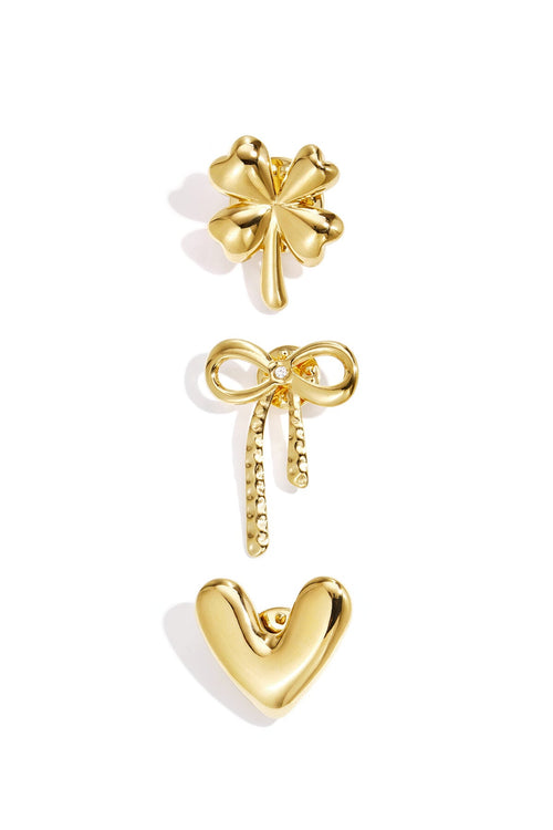 Broche set met hartje, strikje en klavertje, goudkleurig