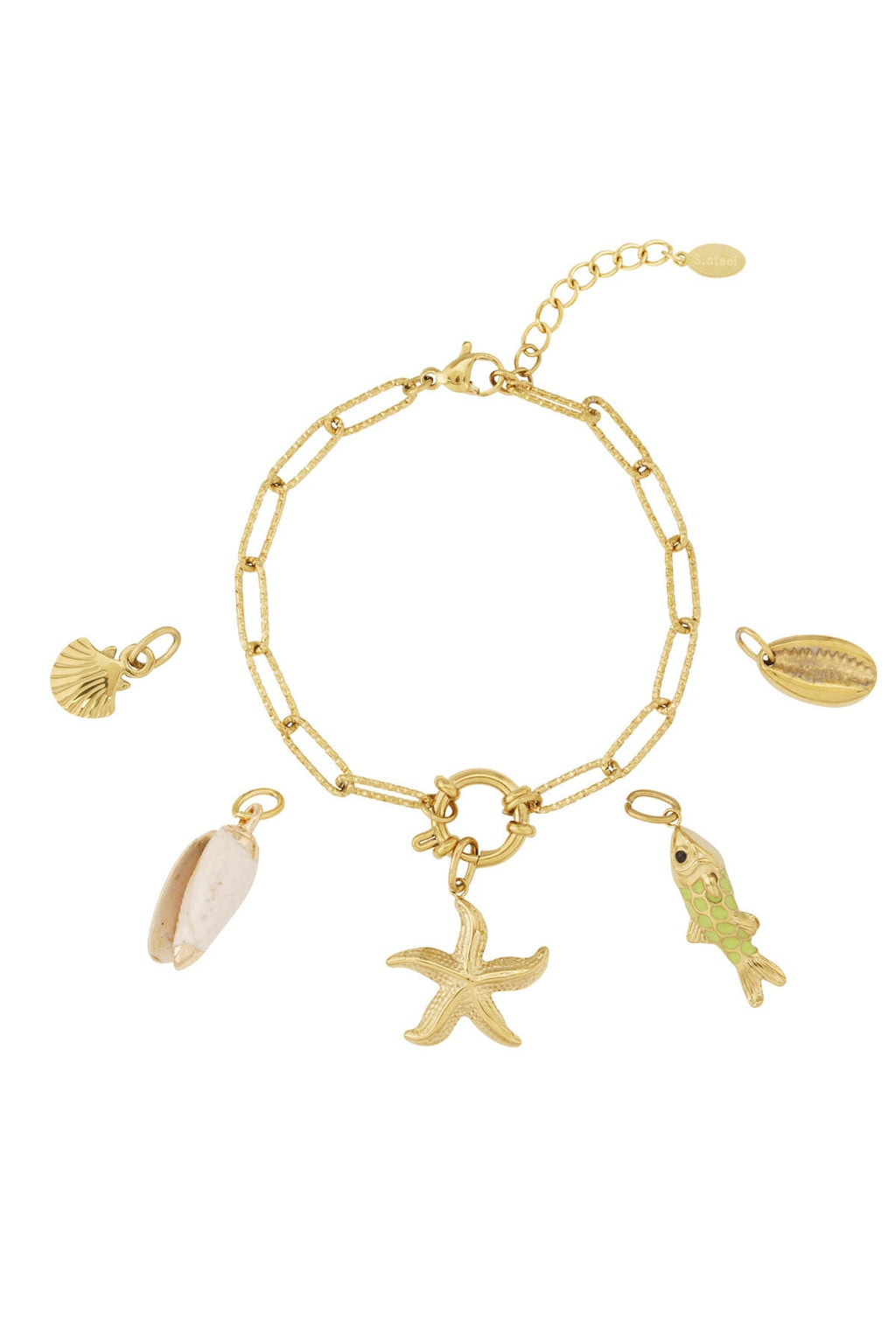 DIY schelpenarmband met zeester en visjes, goudkleurig